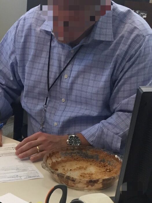 man eating pie; People having a terrible day at work