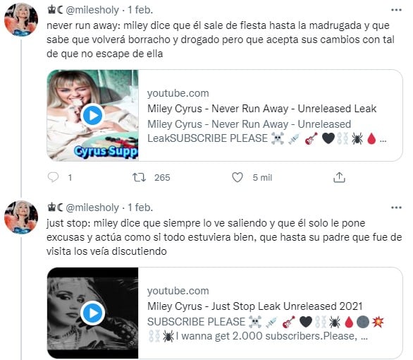 Hilo de Twitter que muestra la relación de Miley y Liam