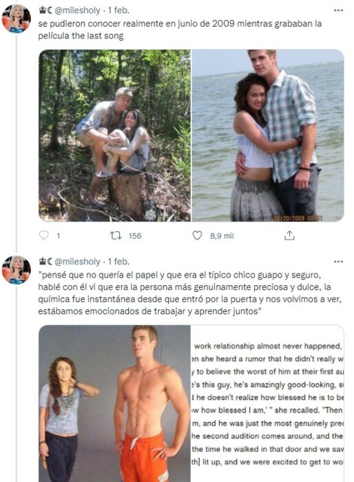 Hilo de Twitter que muestra la relación de Miley y Liam