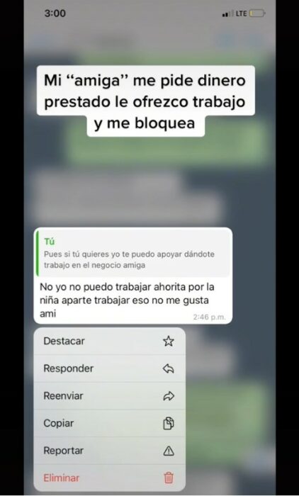 captura de pantalla de un vídeo donde bloquea a su amiga porque le ofrece trabajo en vez de prestarle dinero