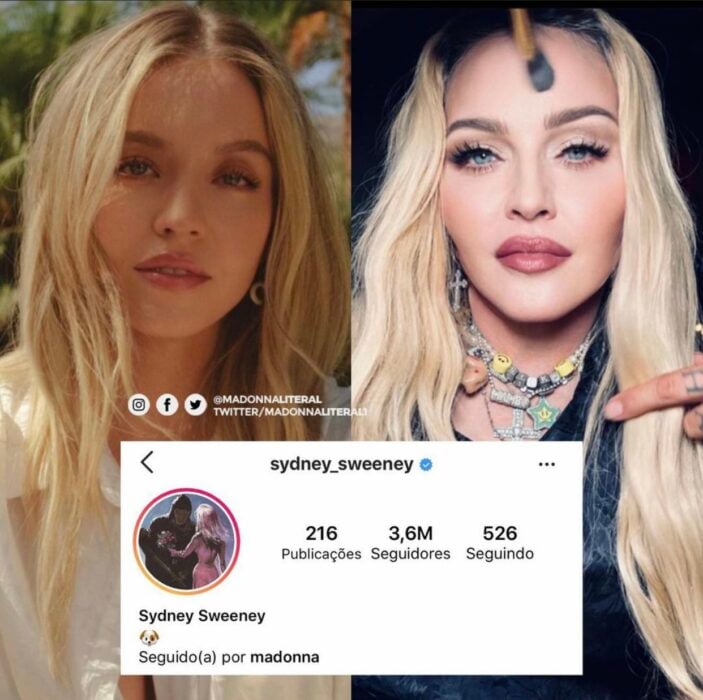 imagen de la actriz Sydney Sweeney junto a la imagen de Madonna siguiéndose en Instagram