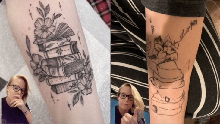 comparativa del diseño de un tatuaje con libros adornados con flores 