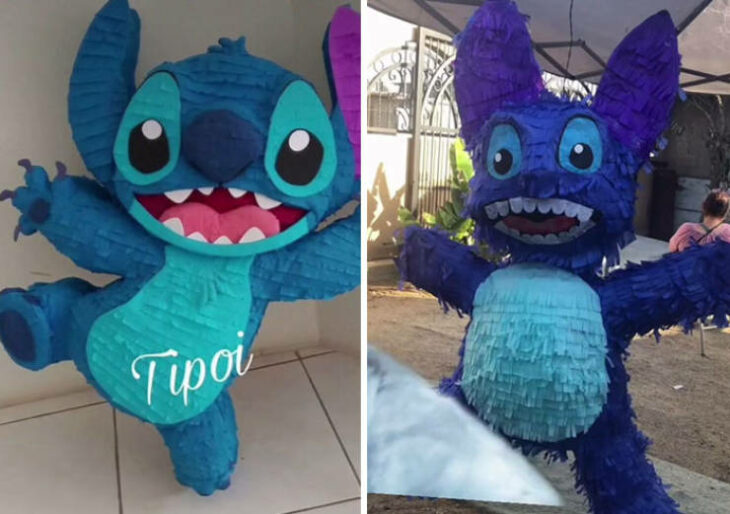 expectativa vs realidad de una piñata deforme de Stich 