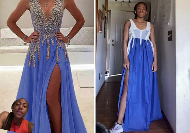 expectativa vs realidad de un vestido de noche azul 