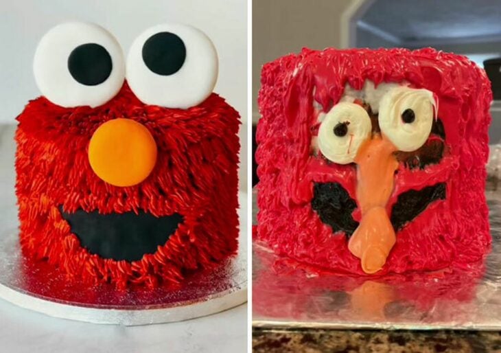 expectativa vs realidad de un pastel con figura de Elmo 