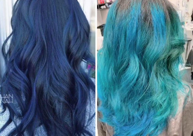 imagen comparativa de dos personas con cabello azul en diferente tonalidad 