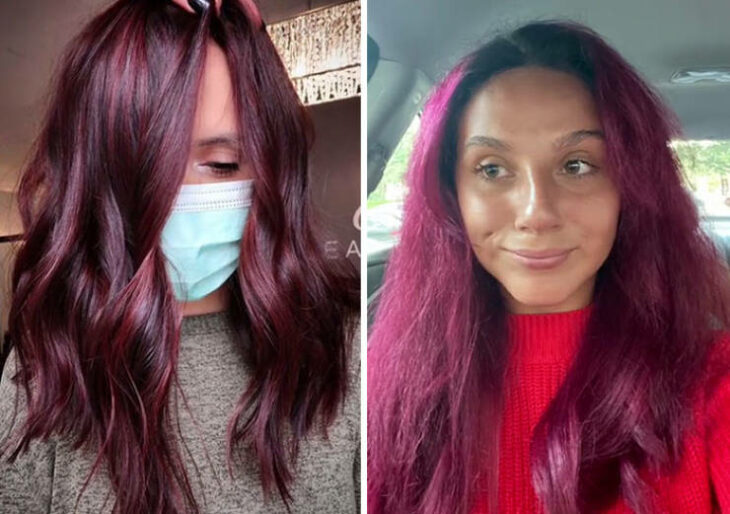 expectativa vs realidad del peinado de una chica con cabello rojo 