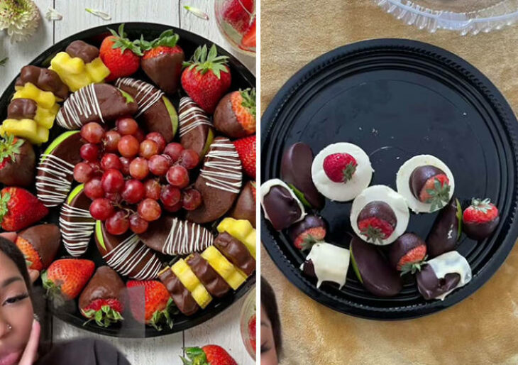 expectativa vs realidad de unas fresas cubiertas con chocolate 