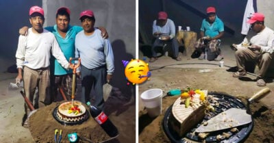 ¡Así es la verdadera amistad! Con pastel y refrescos albañiles celebraron el cumpleaños de su amigo
