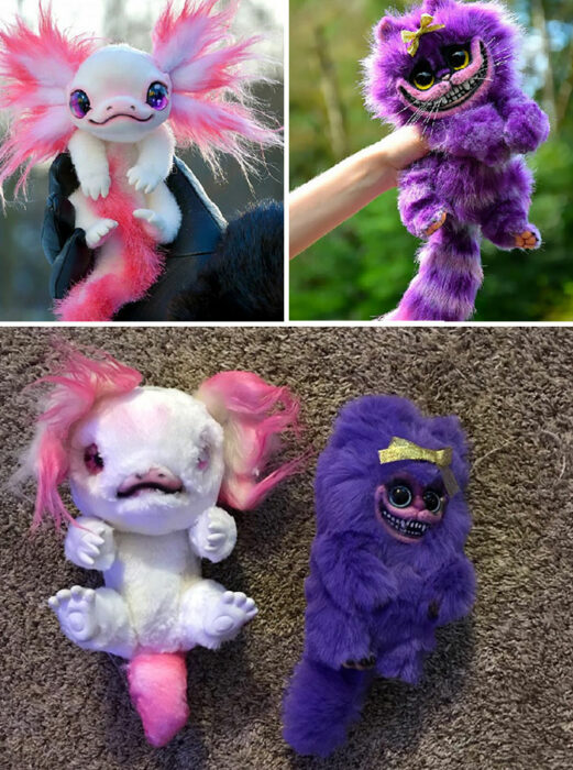 Comparativa peluches de ajolote y gato de Cheshire