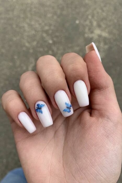 manicura decorada con mariposas ;Uñas en tono blanco que amarás