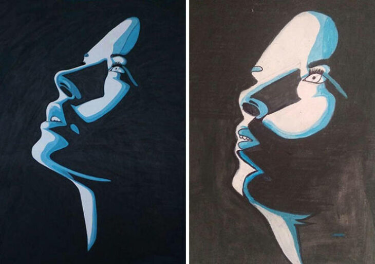 Comparison of blue artistic paints with a black background