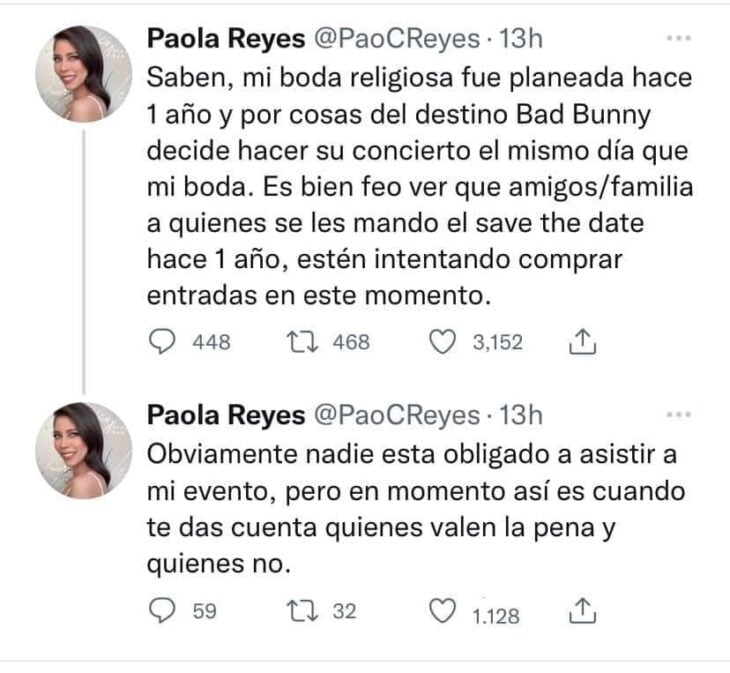 Captura de publicación de Paola Reyes en Twitter