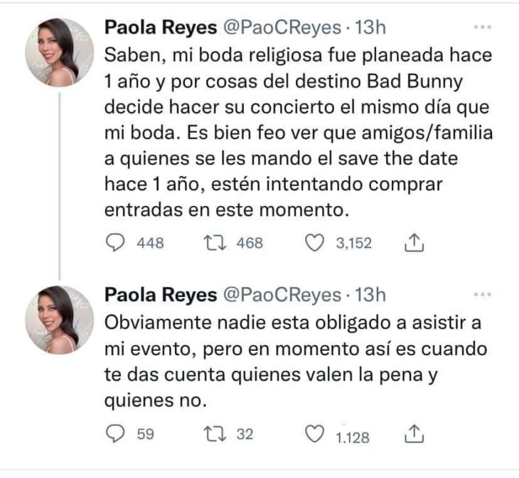 Captura de publicación de Paola Reyes en Twitter