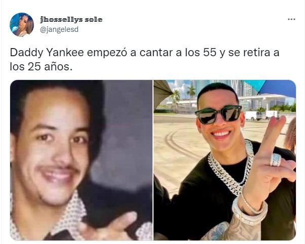 captura de un meme donde Daddy Yankee luce más joven en la actualidad que en sus inicios