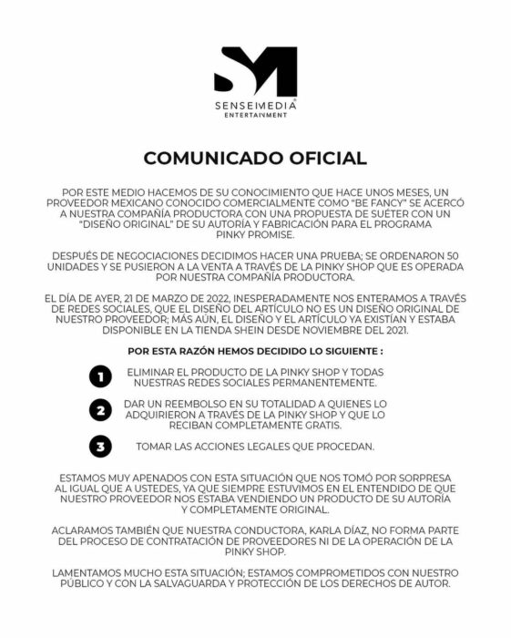 comunicado oficial ante la controversia del suéter Pinky Promise 