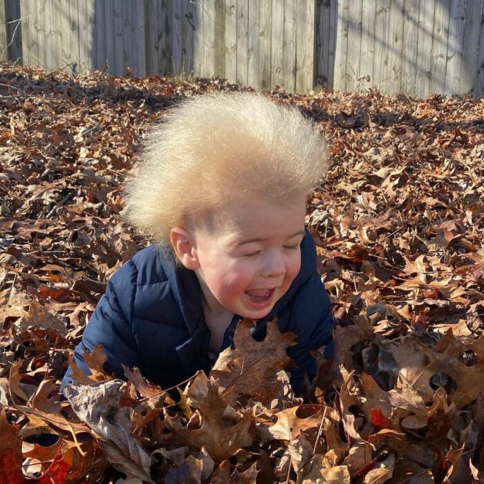 pequeño niño con el cabello alborotado sobre unas hojas en otoño 
