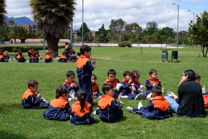 Imagen de unos niños en círculo tomando clases al aire libre 