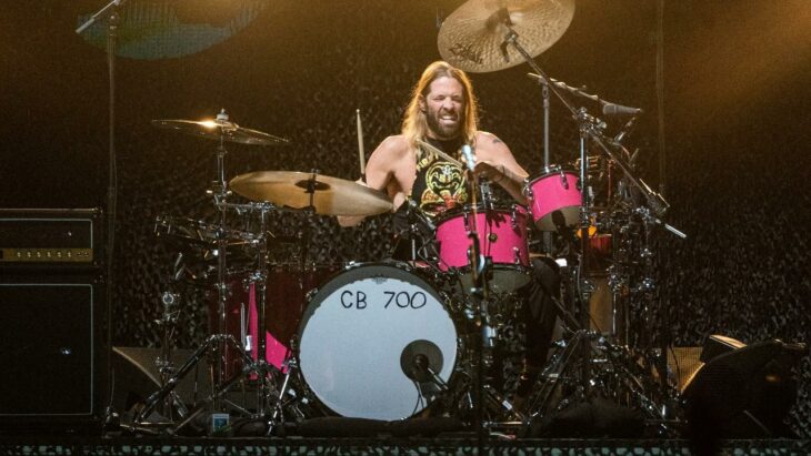 Taylor Hawkins playing drums on stage 