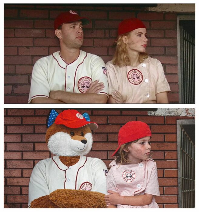 girl with her teddy recreating a scene from the movie her own league 