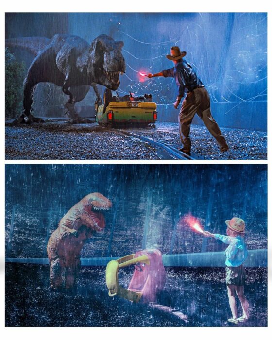niña recreando una escena de la película Jurassic Park 