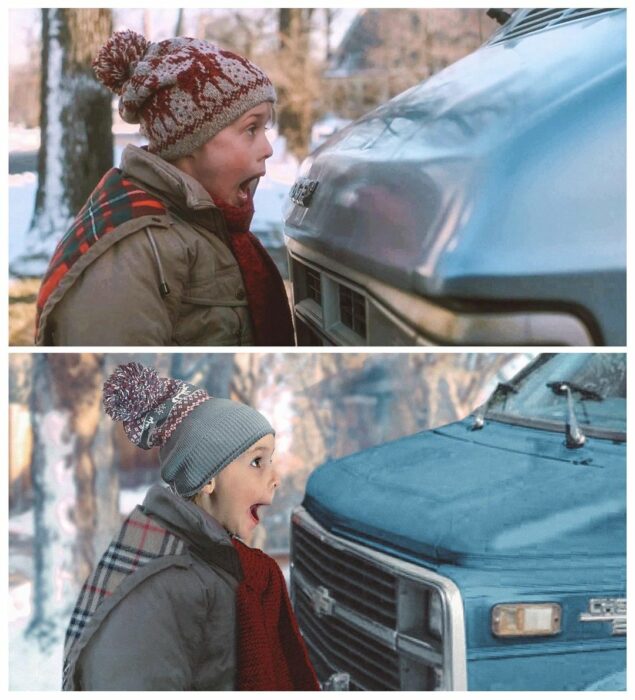 girl recreating a photo from the movie home alone 