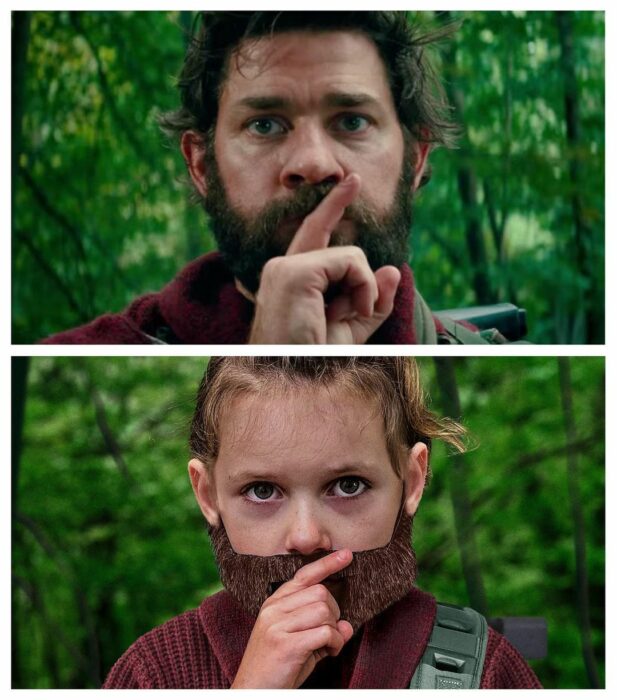 niña con barba recreando una escena de una película