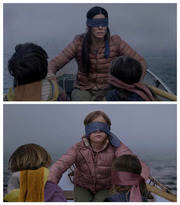 Imagen de una niña recreando una escena de la película Bird Box