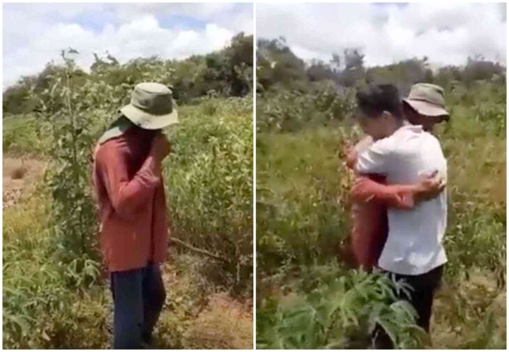 Papá e hijo abrazados; Papá agricultor rompe en llanto al saber que su hijo fue aceptado en la escuela de medicina