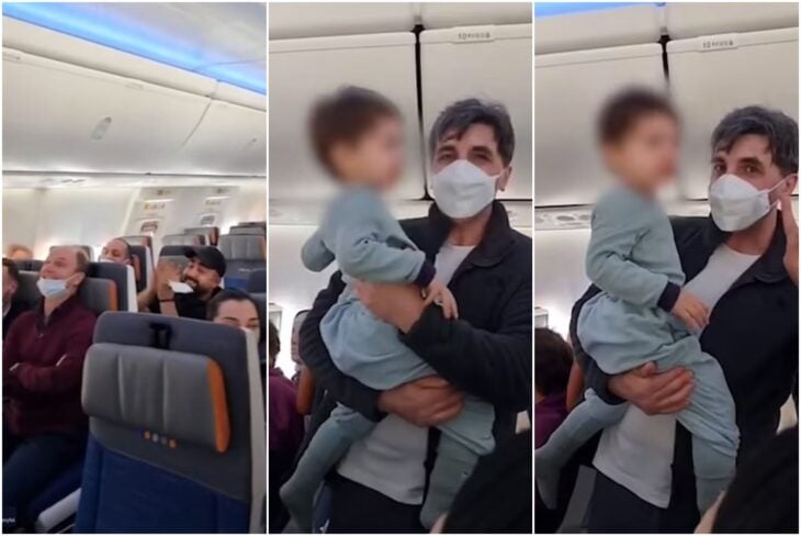 Hombre cargado a su hijo; Pasajeros ayudan a un papá cantando “Baby Shark” para calmar a un niño en un avión