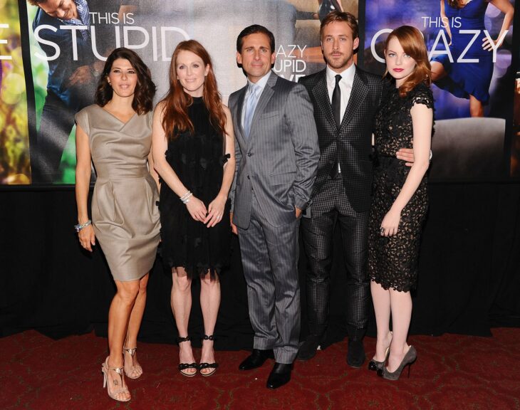 Ryan Gosling, Emma Stone, Steve Carell, Julianne Moore y Marisa Tomei en el estreno de loco y estúpido amor