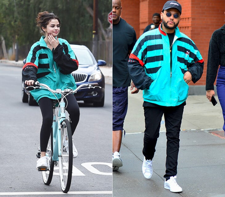 Selena Gomez paseando en bicicleta portando chamarra de The Weeknd