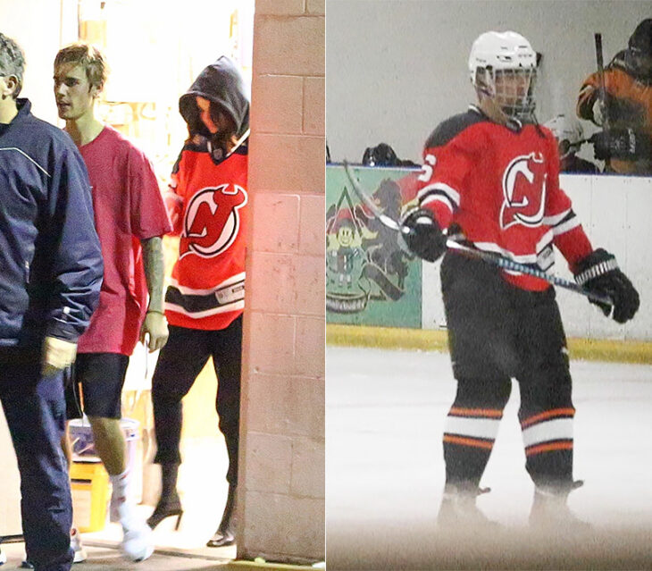 Selena Gomez y Justin Bieber en pista de hockey con la misma sudadera