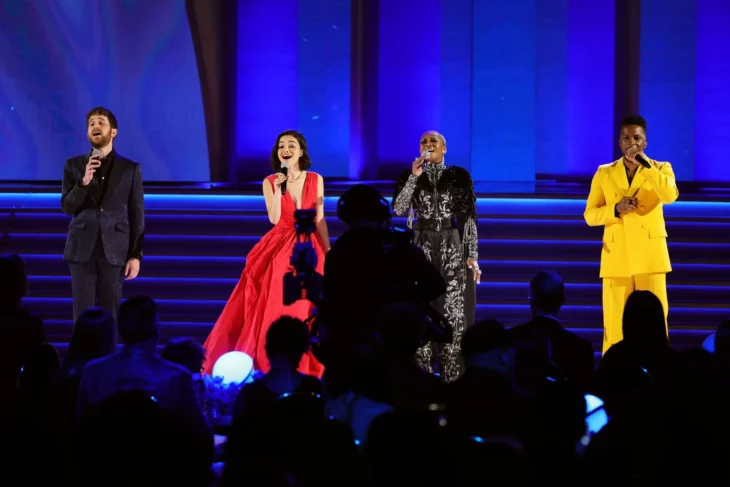 In Memoriam at the 2022 Grammys with Cynthia Erivo, Leslie Odom Jr., Ben Platt and Rachel Zegler.