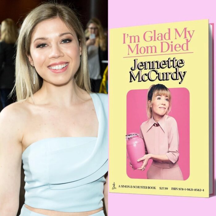 Jennette McCurdy presentando la portada de su libro I'm glad my mom died