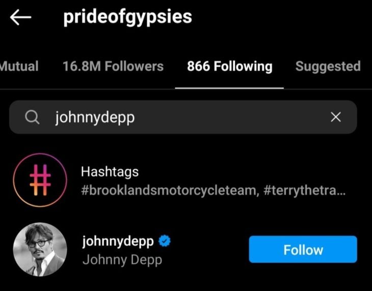 Captura de pantalla donde Jason Momoa sigue a Johnny Depp en Instagram