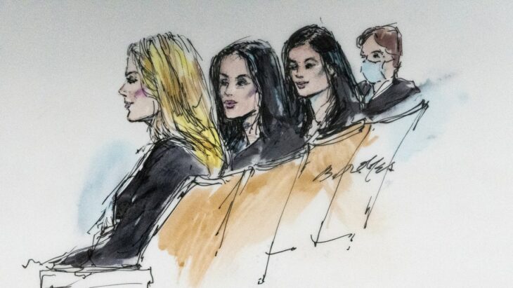 trial drawing showing the Kardashian women at their trial against Blac Chyna