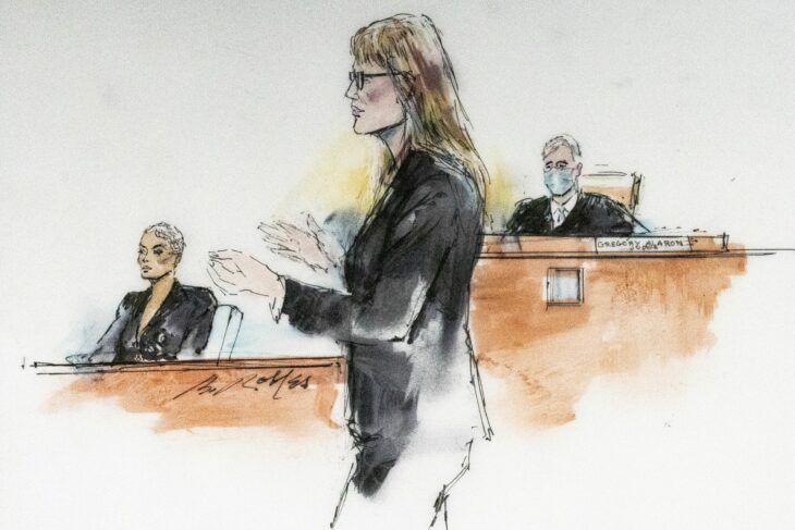 Dibujo de una abogada interrogando a la modelo Blac Chyna en su juicio en contra de las mujeres Kardashian 