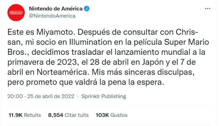 Tuit de Shigeru Miyamoto sobre el retraso de la película de Super Mario Bros 