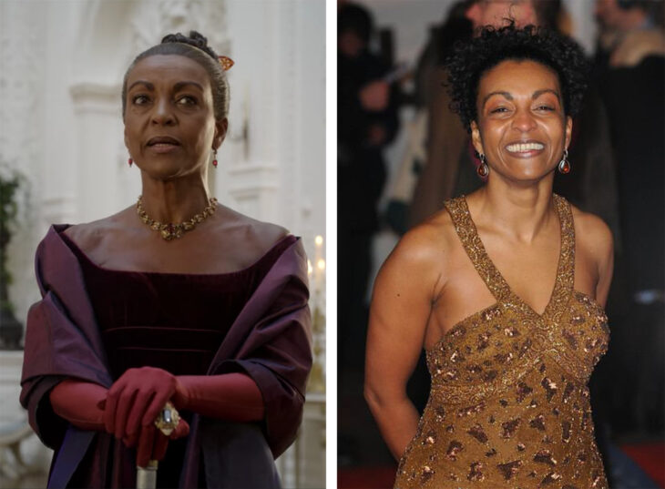 Imagen comparativa de la actriz Adjoa Andoh con su personaje de Lady Danbury en la serie de Los Bridgerton