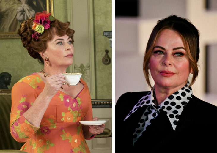 Imagen comparativa de Polly Walker en su personaje como Lady Portia Featherington en la serie Los Bridgerton