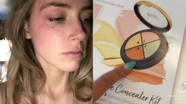 Amber Heard con moretones a lado de una foto de un kit de correctores de la marca Milani Cosmetics 