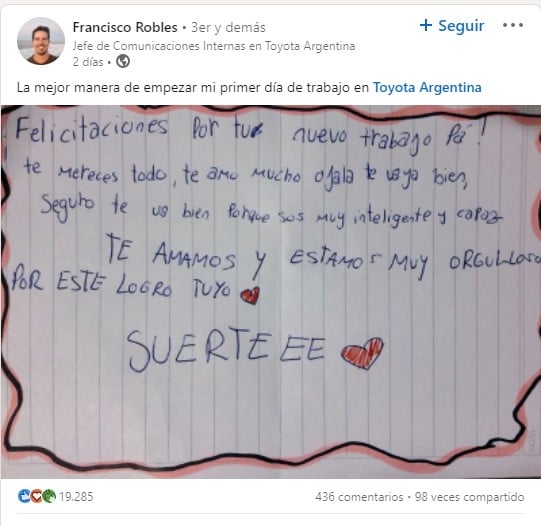 Captura de pantalla de una publicación en Linkedin donde un hombre compartió la carta que le hizo su pequeño hijo
