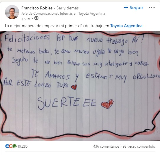 Niño le hizo carta a su papá por su primer día de trabajo