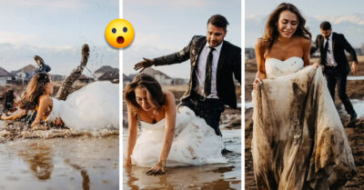 Novios caen al lodo en plena sesión de fotos; se levantaron y siguieron posando