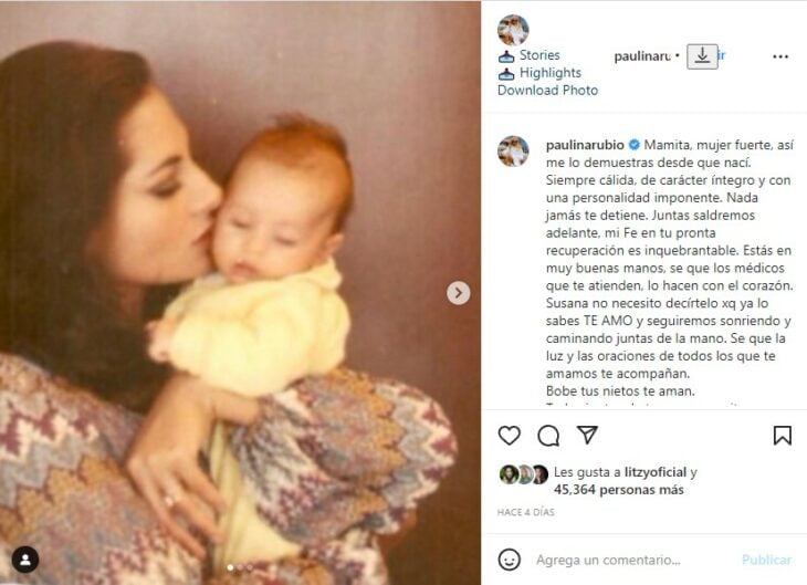 Captura de pantalla de la publicación de Paulina Rubio a su madre diagnosticada con Cáncer 