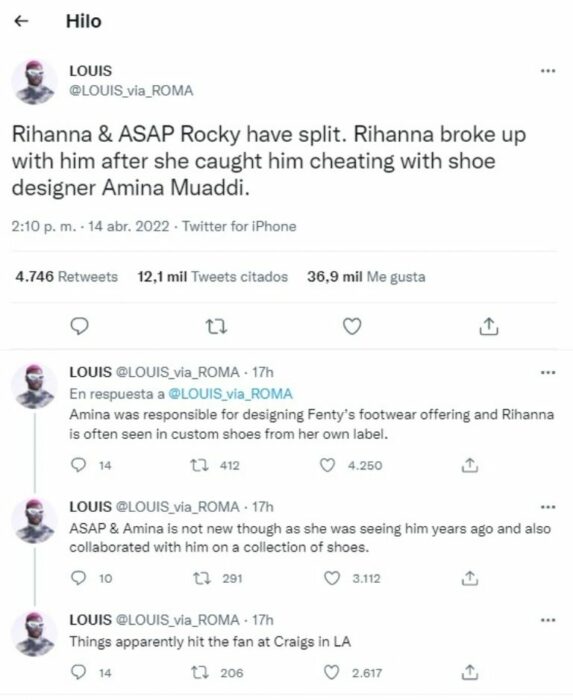 Tuit Rihanna rompió con A$AP Rocky por supuesta infidelidad