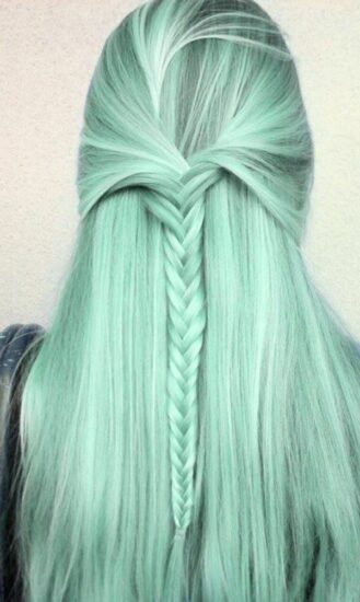 hair with a braid in the back in mint color 