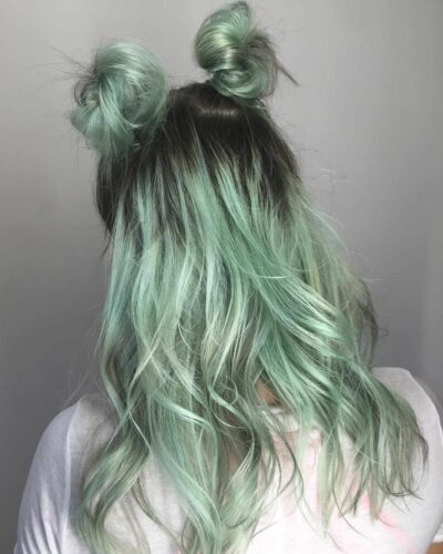 hair of a girl with two pigtails and loose hair with mint hair 