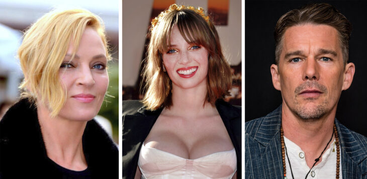 imagen comparativa de Maya Hawke entre sus padres Uma Thurman y Ethan Hawke